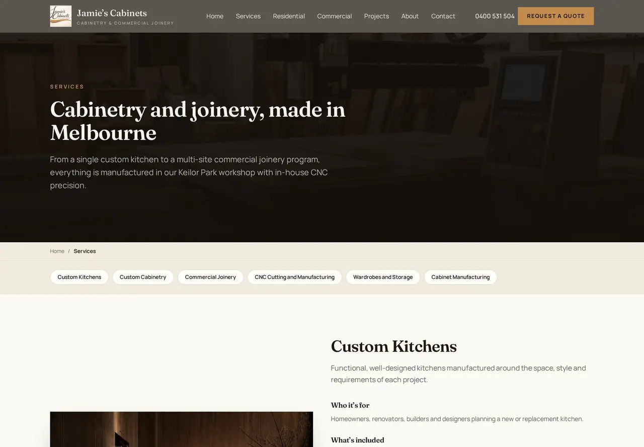Jamie's Cabinets services page on desktop