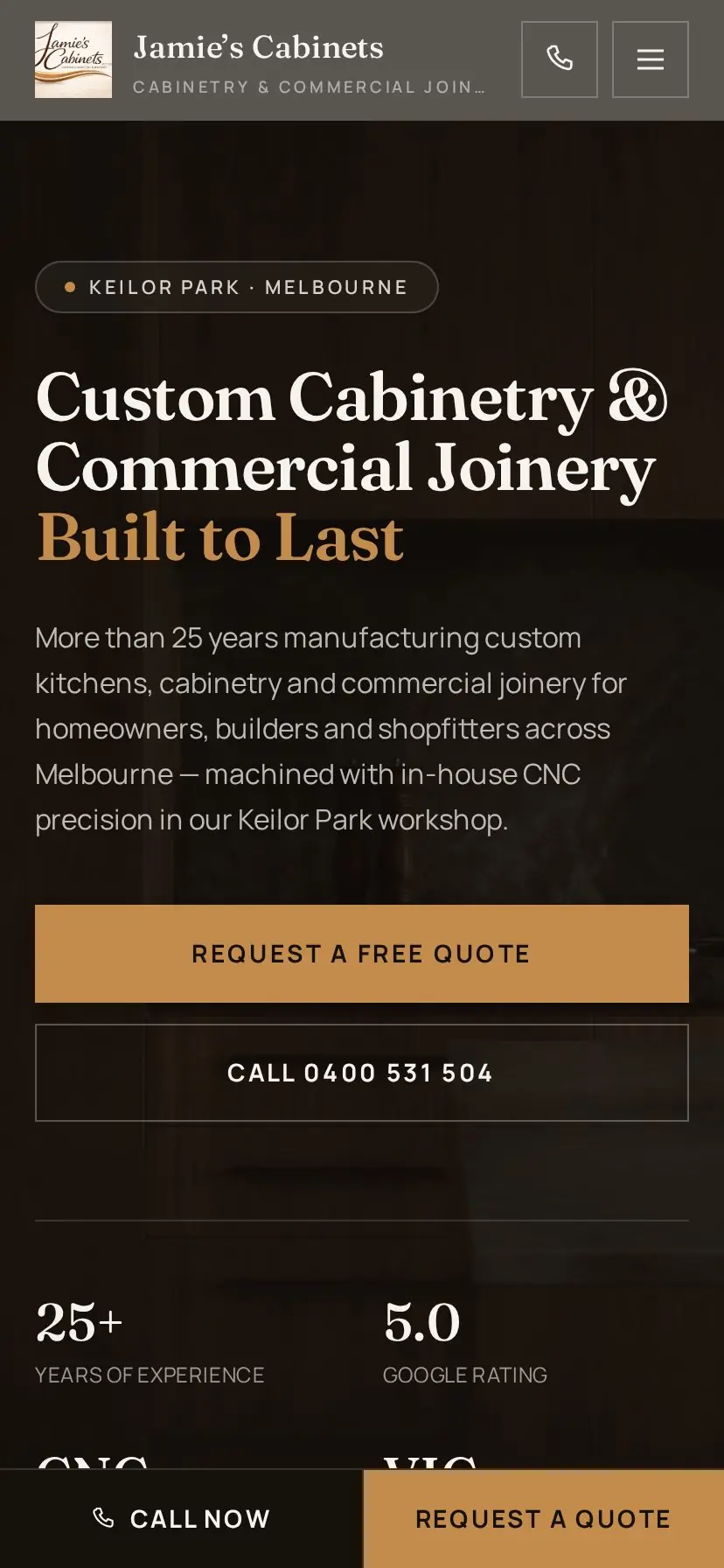 Mobile view of the Jamie's Cabinets website homepage