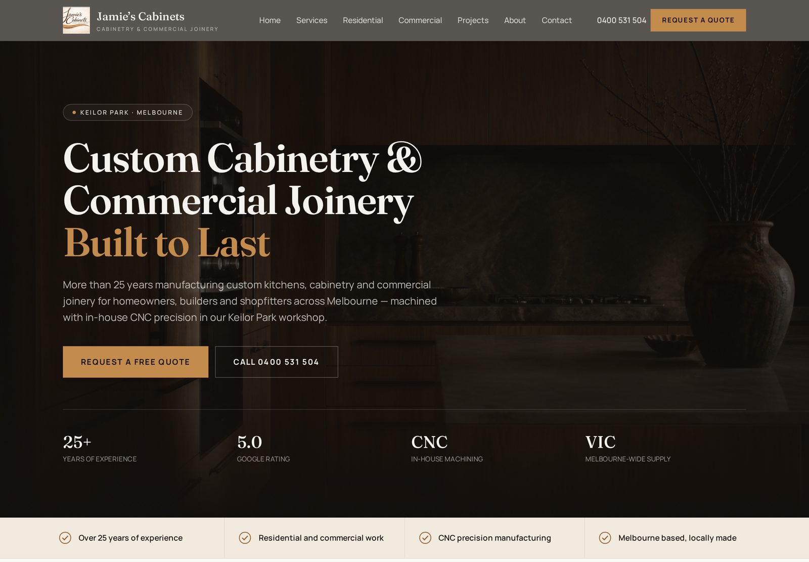 Desktop homepage of the Jamie's Cabinets website designed by Aventra Digital