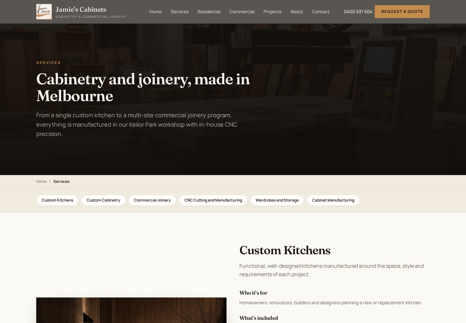 Jamie's Cabinets services page on desktop