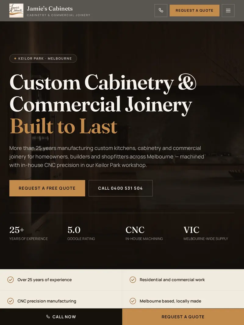 Tablet view of the Jamie's Cabinets website homepage