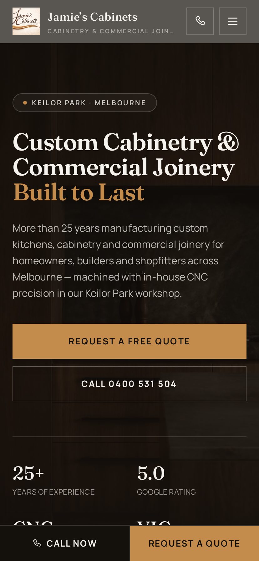 Mobile view of the Jamie's Cabinets website homepage