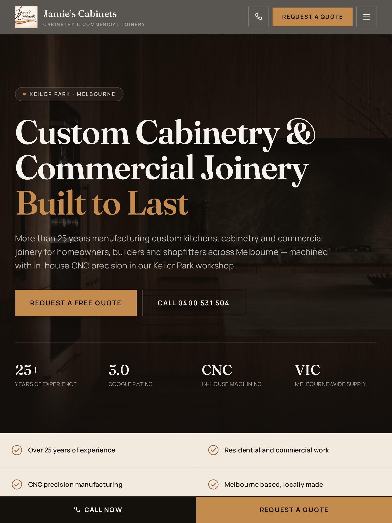 Tablet view of the Jamie's Cabinets website homepage