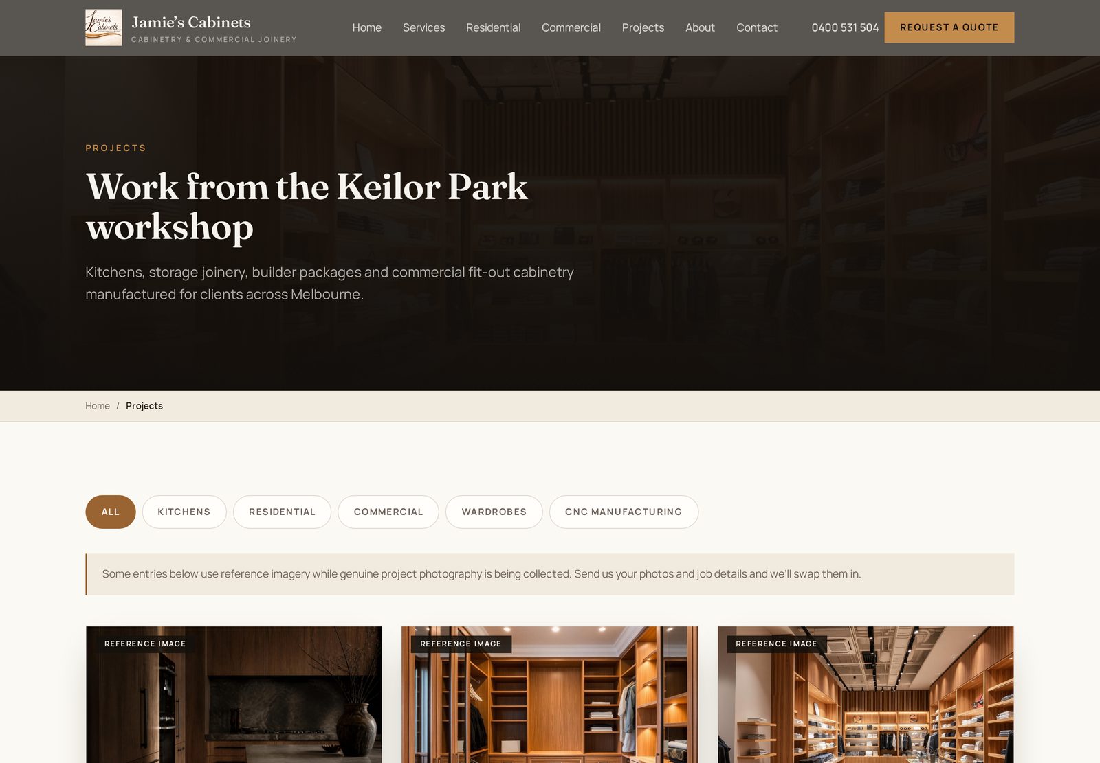 Jamie's Cabinets projects page on desktop
