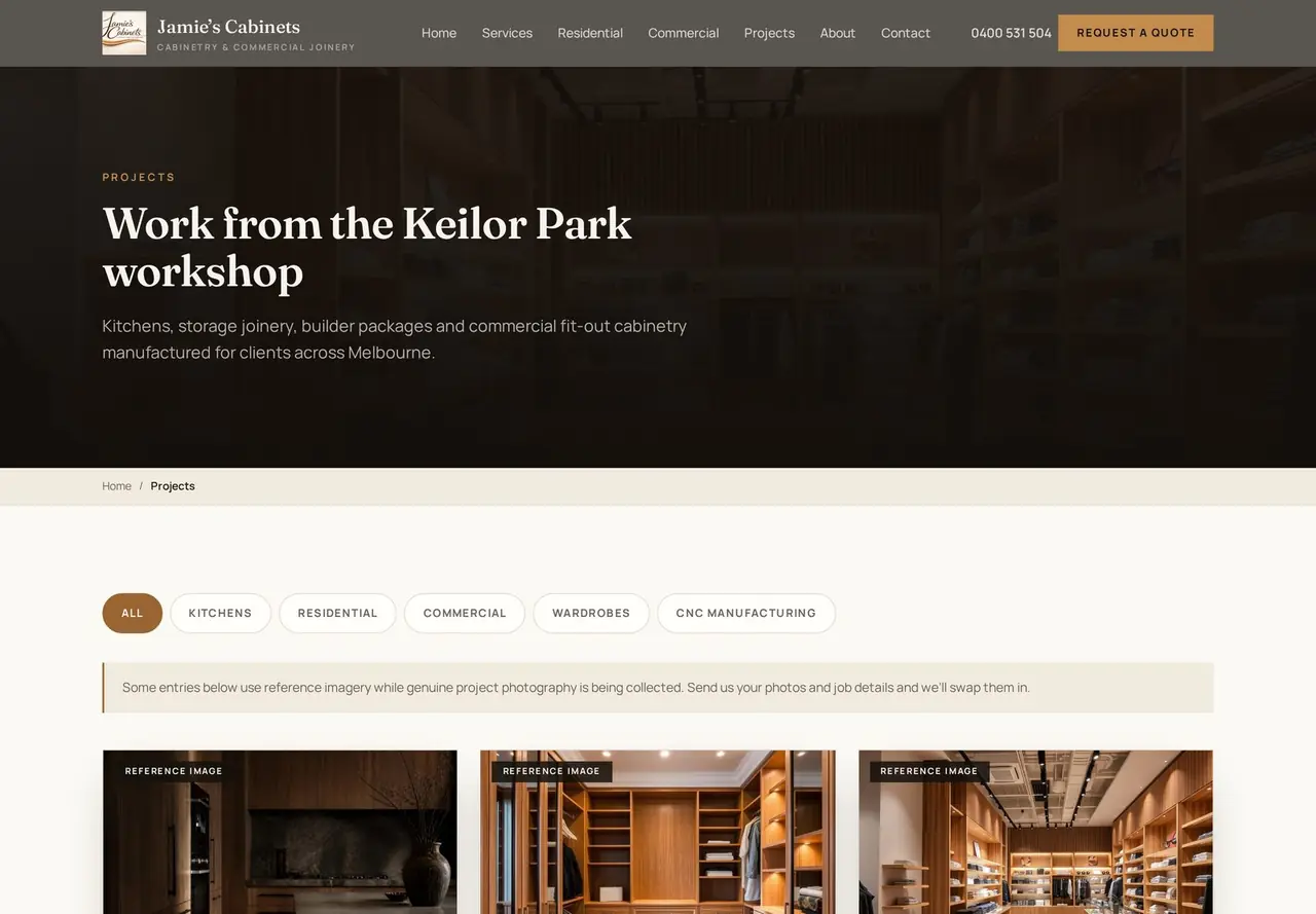 Jamie's Cabinets projects page on desktop